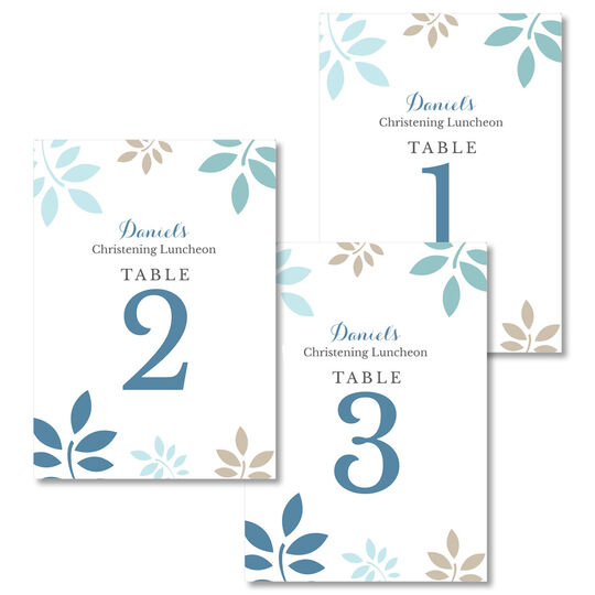 Blue and Tan Botanical Leaves Table Number Cards
